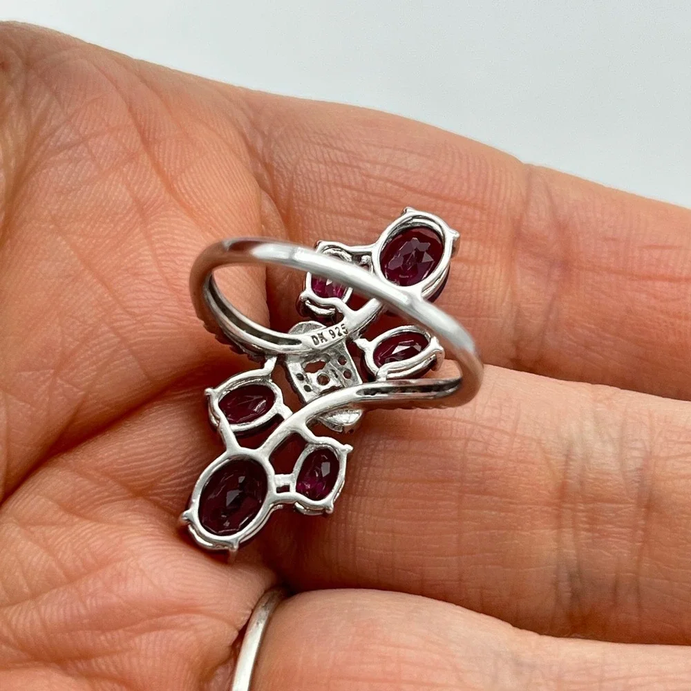 Sterling Silver Garnet Cluster Ring Marquise Oval Statement Size 9‎